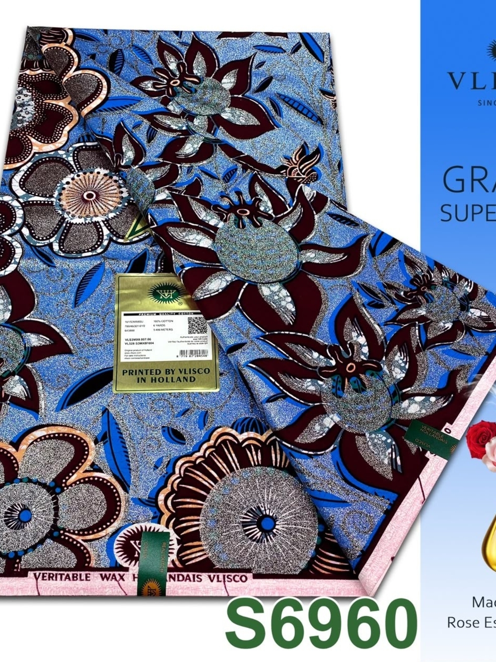 Vlisco Blue Floral Wax Print Fabric